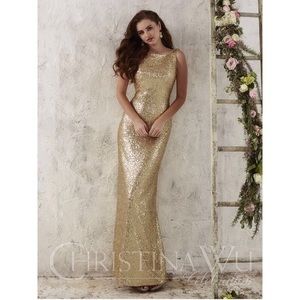 Long gold sequin bridesmaid dress/gown.